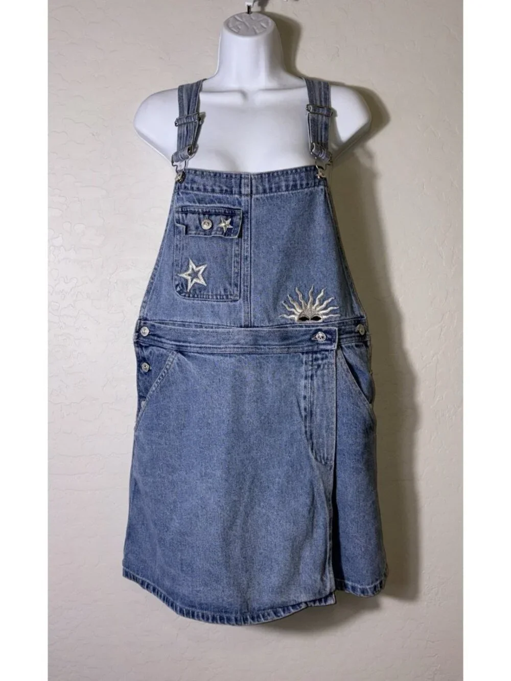 VTG Y2K Kikomo Celestial Star Sun Embroidered Denim Overall Dress Light Wash L